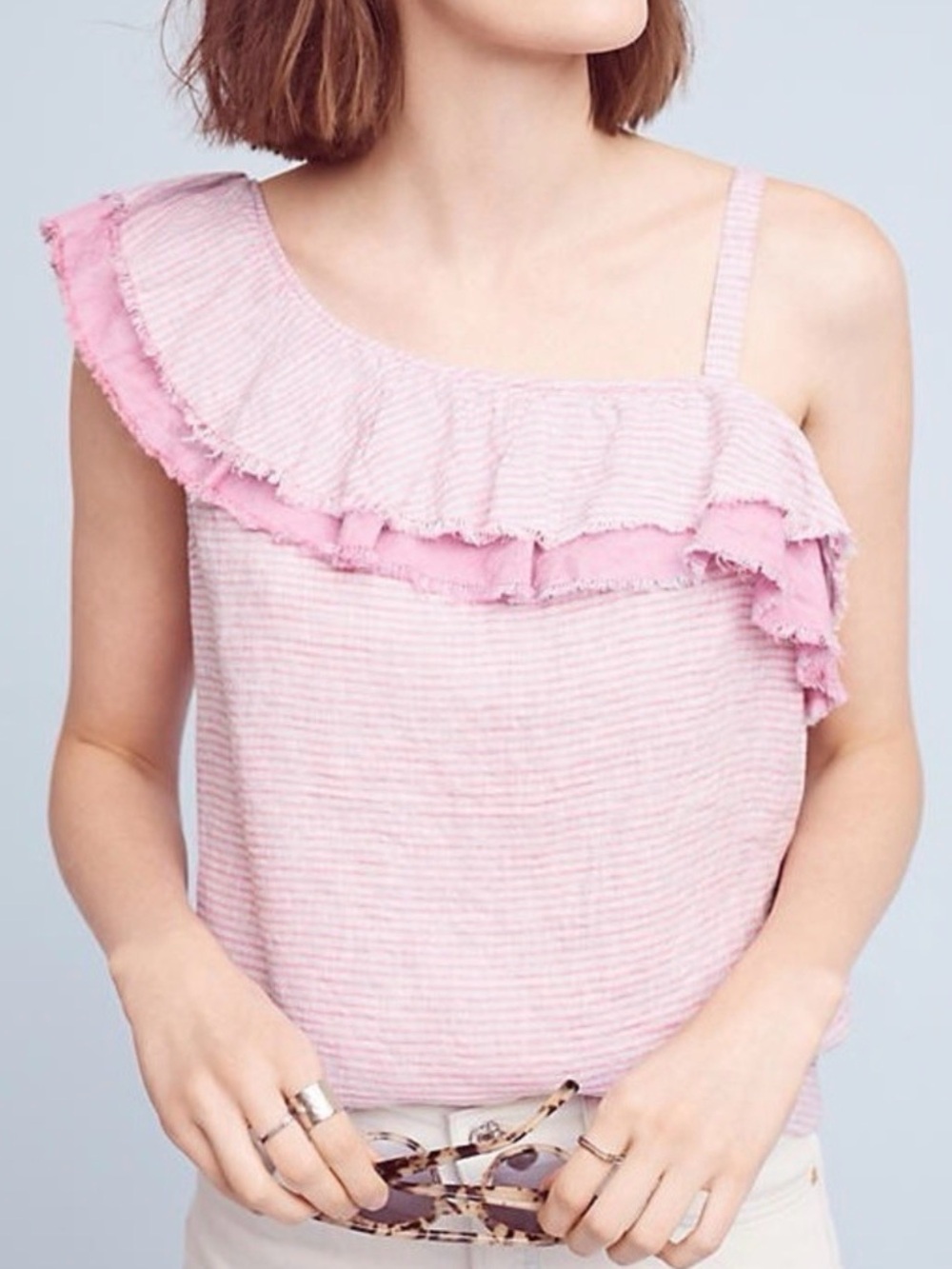 Anthropologie Holding Horses S Ruffled Linen One Shoulder Top Blouse Pink Stripe